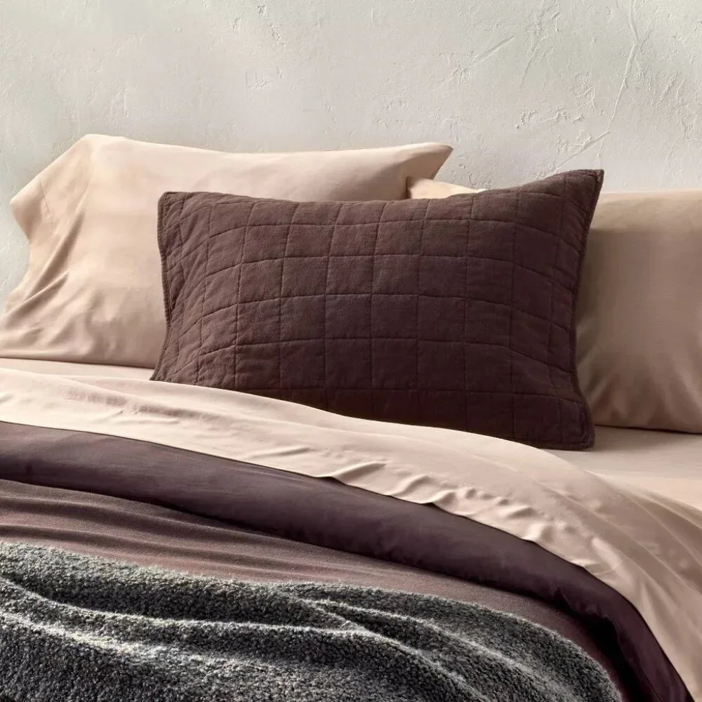 Casaluna Heavyweight Linen Blend Dark Fig Brown Quilted Pillow Sham 20